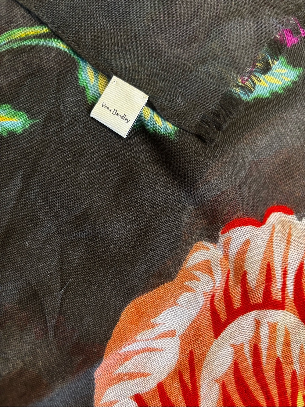 Vera Bradley Black Scarf Wrap with Red, Orange & Green Floral Print Sift Fringe